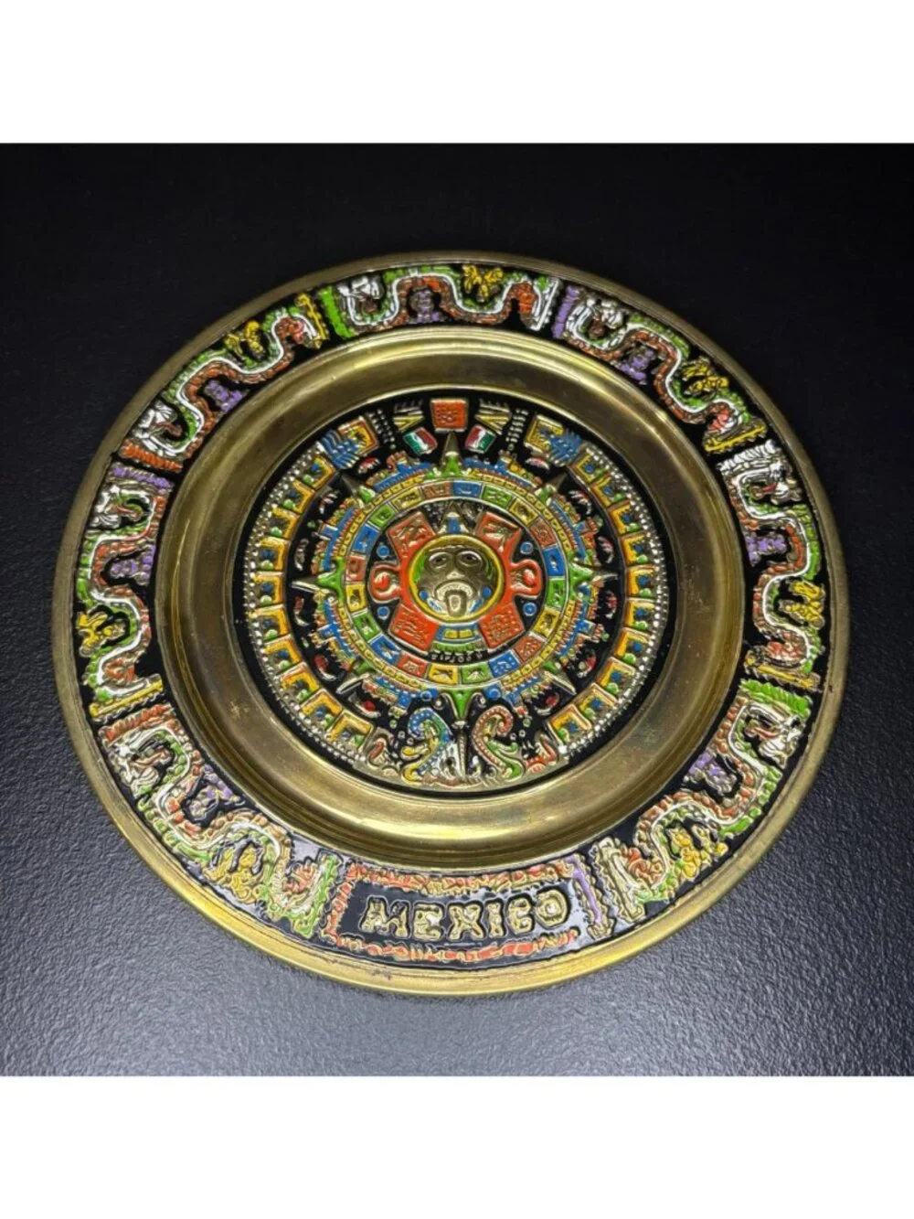 Vintage Mayan Aztec Sun Calendar Plate Brass Enamel Mexico Intricate Raised Art